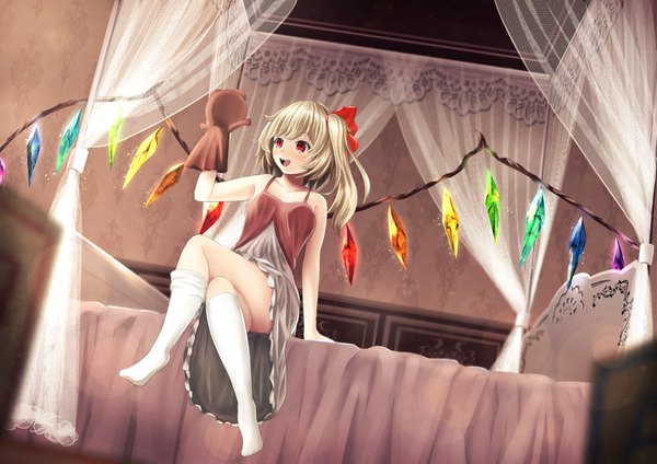 Anime picture 1637x1158 with touhou flandre scarlet sinkai single long hair fringe open mouth light erotic blonde hair red eyes sitting bare shoulders looking away indoors :d arm support from below dutch angle depth of field no shoes