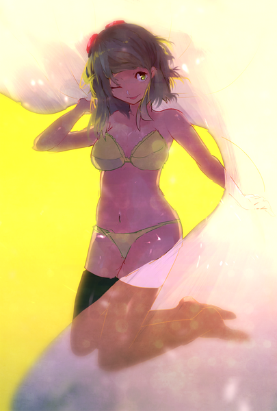 Anime picture 1378x2039 with vocaloid gumi tarbo (exxxpiation) single tall image short hair light erotic smile bare shoulders green eyes eyes closed one eye closed green hair wink bare belly underwear only jumping yellow background goggles on head girl