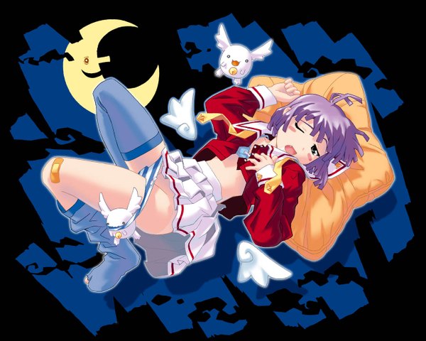 Anime picture 1280x1024 with popotan mii (popotan) watanabe akio blush short hair open mouth light erotic purple hair lying one eye closed wink black eyes wallpaper undressing crescent bandaid on leg bandaid on knee girl thighhighs uniform