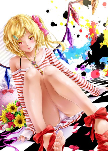 Anime picture 1036x1450 with touhou flandre scarlet onokoro401 tall image blush short hair light erotic blonde hair smile red eyes barefoot pantyshot one side up pantyshot sitting checkered floor girl hair ornament flower (flowers) petals wings