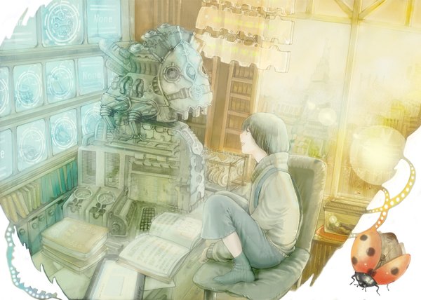 Anime picture 1400x1000 with original maki takaya short hair sitting grey hair mechanical boy book (books) insect chair room ladybug
