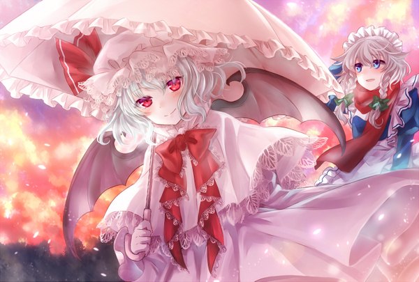 Anime picture 1500x1013 with touhou remilia scarlet izayoi sakuya neme short hair open mouth blue eyes smile red eyes multiple girls white hair maid girl dress bow 2 girls hair bow wings headdress scarf