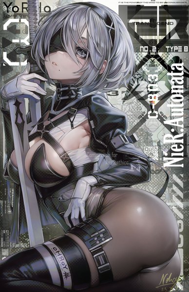 Anime picture 3300x5100 with nier nier:automata yorha no. 2 type b nekodayo22 single tall image looking at viewer fringe highres short hair breasts light erotic large breasts sitting signed absurdres silver hair parted lips mole alternate costume