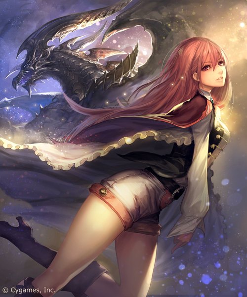 Anime picture 1706x2048 with shingeki no bahamut shingeki no bahamut: genesis amira (shingeki no bahamut) bahamut (shingeki no bahamut) tachikawa mushimaro (bimo) long hair tall image looking at viewer fringe highres open mouth pink hair sky bent knee (knees) parted lips pink eyes horn (horns) wind inscription teeth