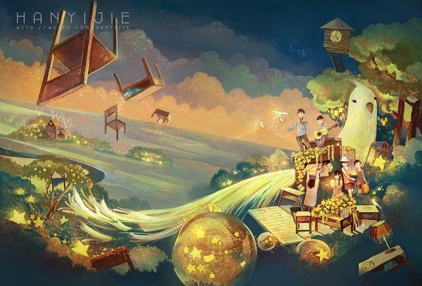 Anime picture 1440x978 with original hanyijie short hair black hair sky cloud (clouds) eyes closed black eyes surreal girl boy plant (plants) hat animal tree (trees) water bird (birds) star (stars) chair table