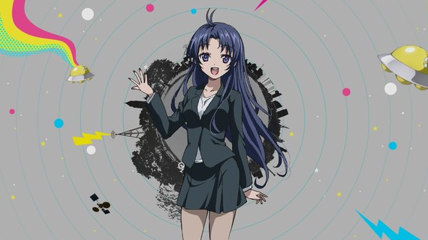 Anime picture 1920x1080 with denpa onna to seishun otoko shaft (studio) touwa meme long hair looking at viewer highres open mouth wide image standing purple eyes blue hair ahoge official art girl skirt miniskirt suit spacecraft ufo flying saucer