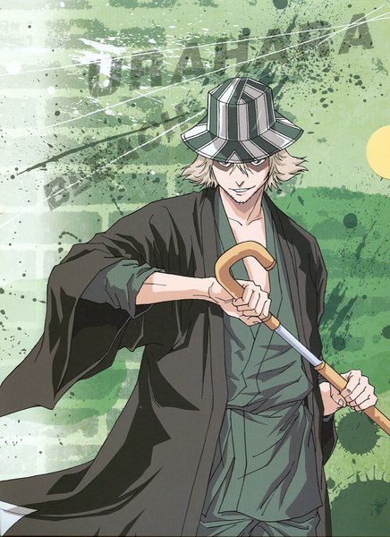Anime picture 1671x2300 with bleach studio pierrot urahara kisuke single tall image looking at viewer short hair blonde hair smile brown eyes traditional clothes boy weapon hat sword katana cane