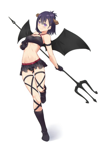 Anime picture 1300x1800 with gabriel dropout doga kobo tsukinose vignette april saruno (eyesonly712) single tall image looking at viewer blush fringe short hair light erotic black hair simple background hair between eyes standing white background purple eyes full body horn (horns) groin