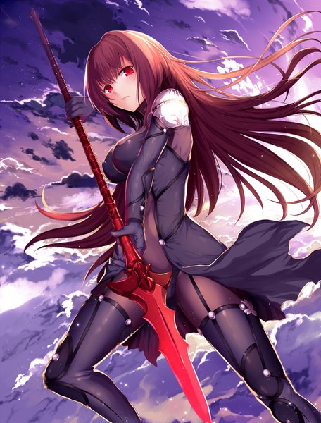 Anime picture 1200x1578 with fate (series) fate/grand order scathach (fate) (all) scathach (fate) abusoru single long hair tall image looking at viewer fringe breasts light erotic hair between eyes red eyes brown hair large breasts sky cloud (clouds) from below girl