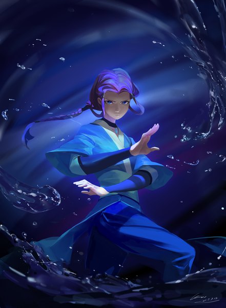 Anime picture 3000x4079 with avatar: the last airbender nickelodeon katara chow (artist) single long hair tall image looking at viewer highres blue eyes standing signed purple hair braid (braids) traditional clothes wind single braid dark background fighting stance serious