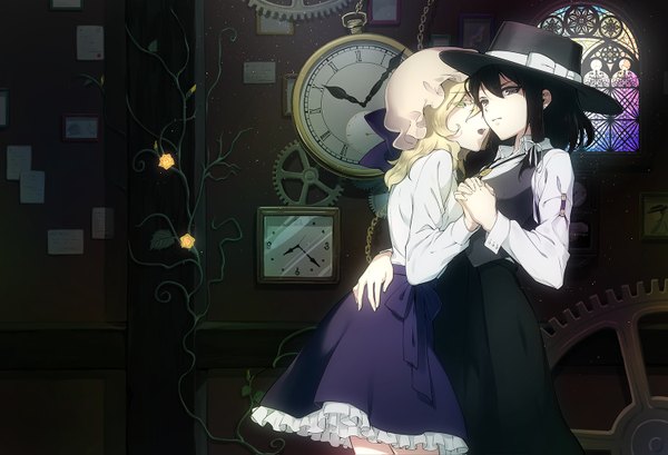 Anime picture 1500x1023 with touhou usami renko maribel hearn futoumeido long hair looking at viewer fringe open mouth black hair blonde hair hair between eyes multiple girls brown eyes yellow eyes ass indoors holding hands shoujo ai expressionless ass grab