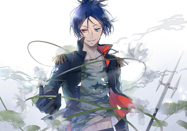 Anime picture 1200x842 with katekyou hitman reborn rokudo mukuro ekita xuan single looking at viewer short hair smile white background blue hair parted lips wind bare belly heterochromia smoke outstretched hand camouflage vongola family boy gloves black gloves