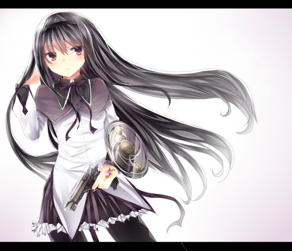 Anime picture 1739x1500 with mahou shoujo madoka magica shaft (studio) akemi homura e-co single long hair blush highres black hair simple background white background purple eyes looking away letterboxed girl weapon hairband gun pistol shield