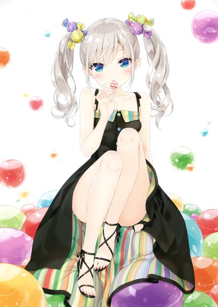 Anime picture 2351x3300 with original eshi 100-nin ten kani biimu single long hair tall image looking at viewer blush highres blue eyes light erotic twintails white hair scan official art girl dress food sweets black dress