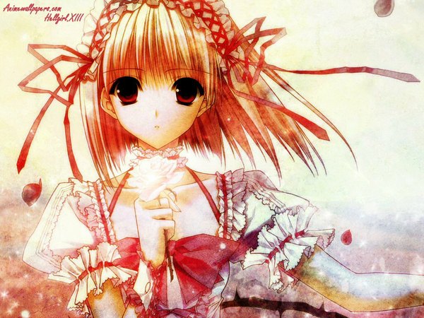 Anime picture 1024x768 with tagme (copyright) suzuhira hiro single short hair red eyes red hair girl flower (flowers) bow ribbon (ribbons) wrist cuffs bonnet