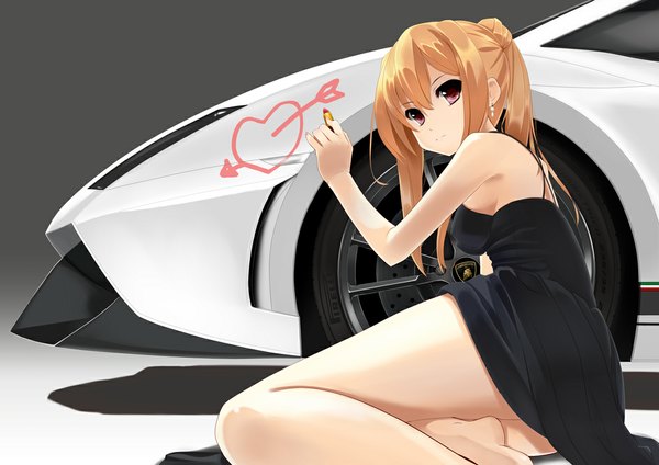 Anime picture 1169x827 with lamborghini asakura ryou (artist) blonde hair red eyes ponytail grey background girl heart ground vehicle car arrow (arrows)