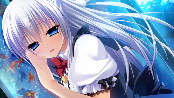 Anime picture 1920x1080 with innocent girl ayashiro kagari nanaka mai single long hair looking at viewer blush highres open mouth blue eyes wide image game cg white hair girl dress fish (fishes)