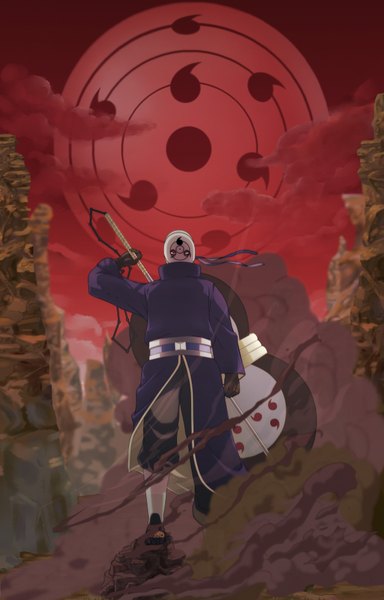 Anime picture 2500x3900 with naruto studio pierrot naruto (series) uchiha madara uchiha obito tobi xenocracy (artist) single tall image looking at viewer highres red eyes cloud (clouds) heterochromia smoke mountain akatsuki sharingan white eyes rinnegan