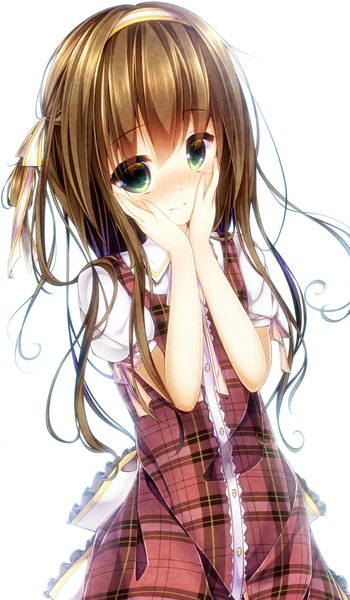 Anime picture 584x1000 with original ayatan-kiri single long hair tall image looking at viewer blush fringe simple background brown hair standing white background green eyes light smile short sleeves embarrassed puffy sleeves plaid girl