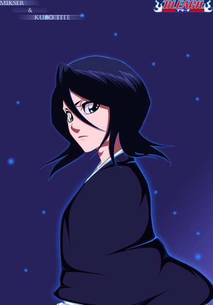 Anime picture 3500x5010 with bleach studio pierrot kuchiki rukia gold-mk single tall image highres short hair blue eyes black hair absurdres japanese clothes looking back inscription coloring purple background girl kimono