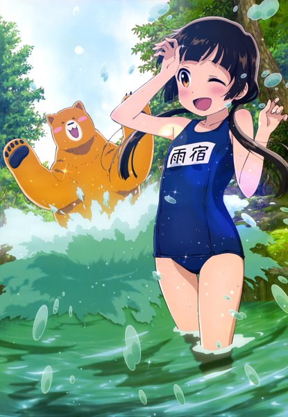 Anime picture 4086x5899 with kumamiko nyantype amayadori machi single long hair tall image blush highres open mouth light erotic black hair brown eyes absurdres one eye closed wink official art loli girl swimsuit animal