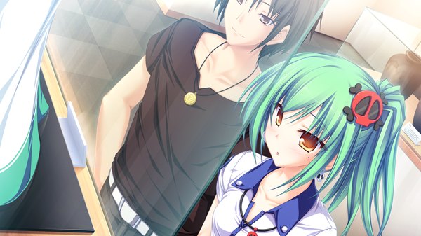 Anime picture 1920x1080 with maikaze no melt enomoto yoshika tenmaso highres short hair black hair wide image brown eyes game cg green hair mole orange eyes couple mole under eye girl boy