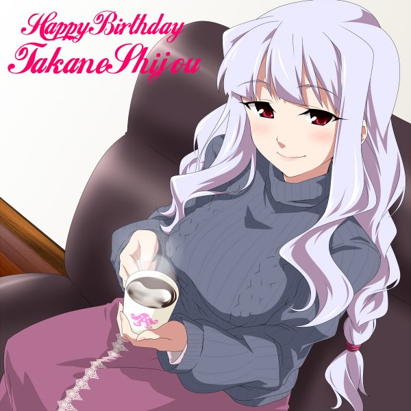 Anime picture 1200x1200 with idolmaster shijou takane takeya yuuki single long hair blush smile red eyes sitting white hair happy birthday girl sweater couch mug coffee