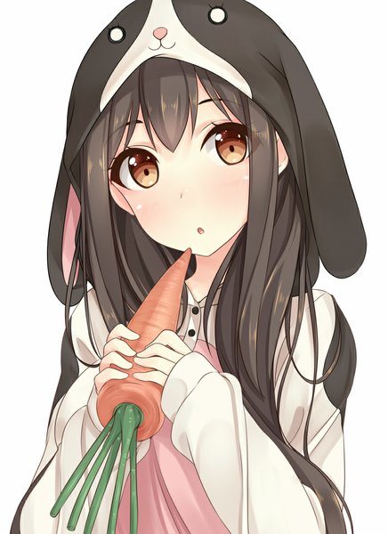Anime picture 800x1100 with kantai collection akagi aircraft carrier hiiragi hajime single long hair tall image looking at viewer blush fringe simple background brown hair white background holding brown eyes parted lips :o girl vegetables carrot animal costume