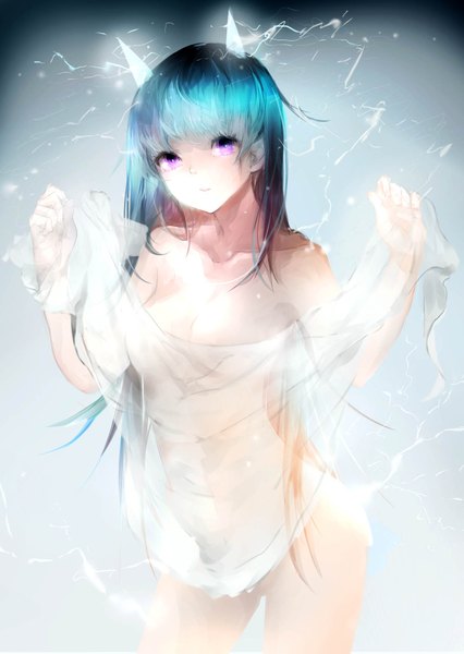 Anime picture 1240x1748 with sa'yuki single tall image breasts light erotic large breasts purple eyes bare shoulders holding looking away horn (horns) covering oni horns covering breasts lightning girl