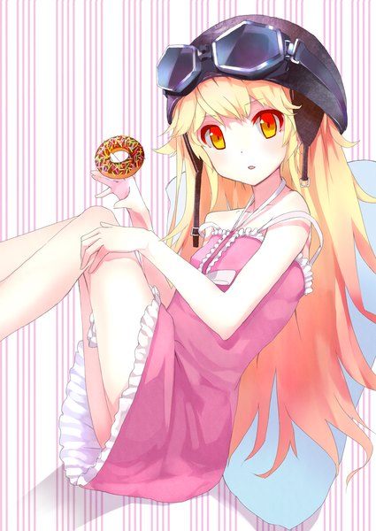 Anime picture 1074x1517 with bakemonogatari shaft (studio) monogatari (series) oshino shinobu fikusipu (artist) single long hair tall image looking at viewer blonde hair orange eyes loli girl food pillow sundress goggles doughnut