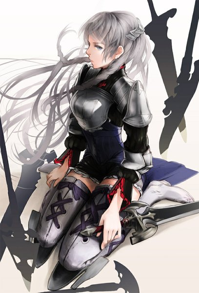 Anime picture 680x1000 with original suzume yuu single long hair tall image looking at viewer fringe simple background white background sitting white hair braid (braids) long sleeves wind grey eyes twin braids kneeling girl hair ornament weapon