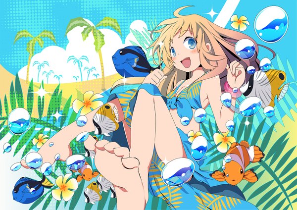 Anime picture 2008x1420 with original sakisato kiriko single long hair blush highres open mouth blue eyes brown hair barefoot legs girl swimsuit bracelet bubble (bubbles) fish (fishes)