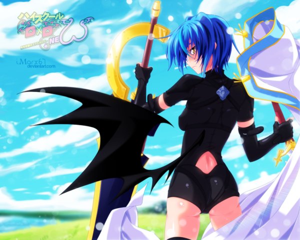 Anime picture 1280x1024 with highschool dxd xenovia quarta eroishi single short hair holding yellow eyes blue hair sky cloud (clouds) profile looking back inscription coloring bat wings dual wielding girl thighhighs gloves weapon