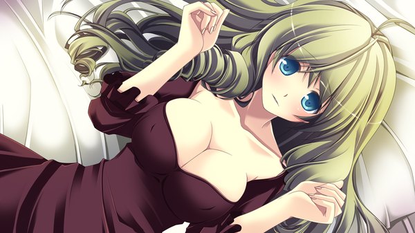 Anime picture 1280x720 with end sleep single long hair looking at viewer blush breasts blue eyes light erotic blonde hair wide image large breasts game cg drill hair girl dress
