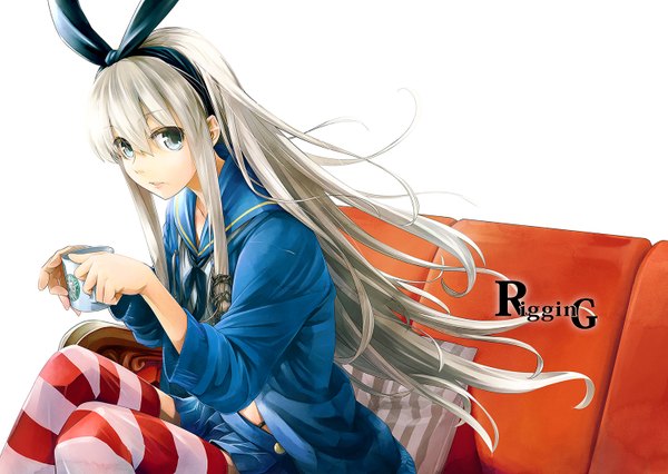 Anime picture 1500x1066 with kantai collection starbucks shimakaze destroyer miishi jun single long hair looking at viewer fringe blue eyes simple background white background holding bent knee (knees) white hair pleated skirt multicolored hair grey hair crossed legs gradient hair logo