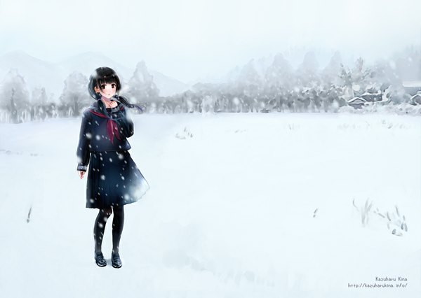 Anime picture 1000x711 with original kazuharu kina single long hair looking at viewer blush black hair brown eyes full body snowing winter snow scenic girl skirt uniform school uniform pantyhose shoes