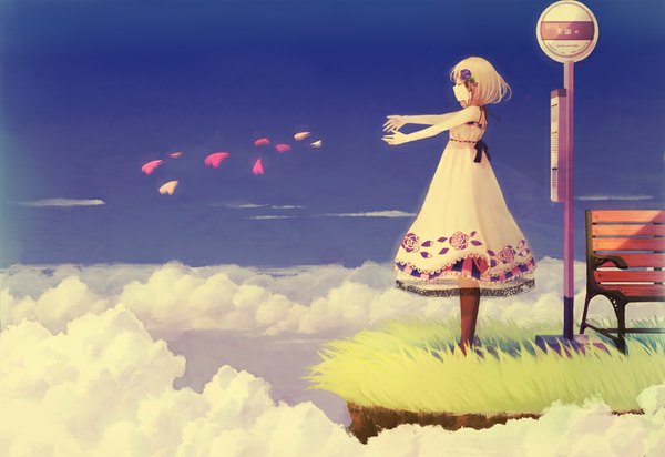 Anime picture 1000x687 with original usui (tripcube) single fringe short hair blonde hair standing sky cloud (clouds) eyes closed hair flower scenic girl hair ornament plant (plants) petals pantyhose grass sundress traffic sign