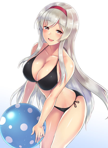 Anime picture 732x1000 with kantai collection shoukaku aircraft carrier saemon (tonpura) single long hair tall image breasts open mouth light erotic simple background red eyes large breasts white background silver hair girl swimsuit bikini headband black bikini ring