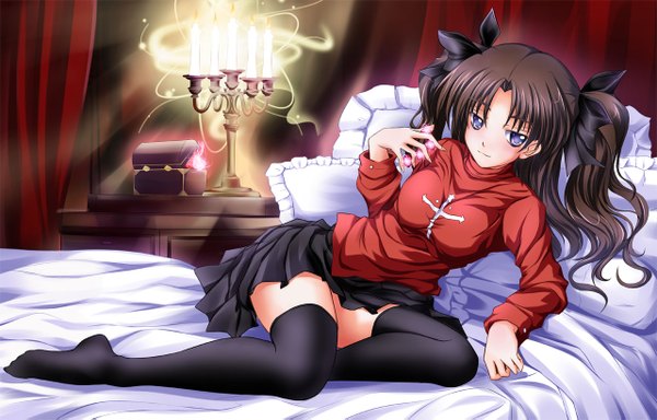 Anime picture 1280x821 with fate (series) fate/stay night studio deen type-moon toosaka rin blue eyes brown hair thighhighs black thighhighs
