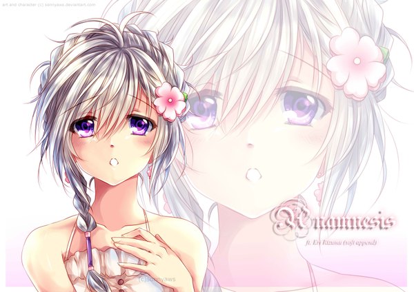 Anime picture 3507x2480 with utau anamnesis sonnyaws single long hair blush highres open mouth purple eyes bare shoulders absurdres silver hair hair flower hand on chest zoom layer girl hair ornament flower (flowers)