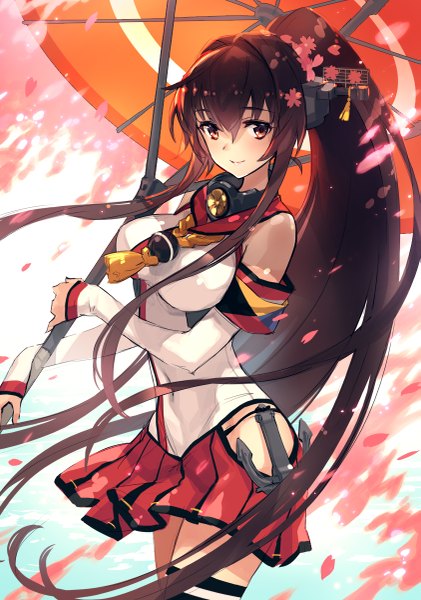 Anime picture 843x1200 with kantai collection yamato super battleship dakuro single tall image blush fringe breasts smile red eyes brown hair large breasts standing ponytail very long hair pleated skirt hair flower wind sunlight girl