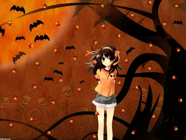 Anime picture 1600x1200 with suzumiya haruhi no yuutsu kyoto animation suzumiya haruhi halloween girl plant (plants) tree (trees) leaf (leaves) skull bat maple leaf
