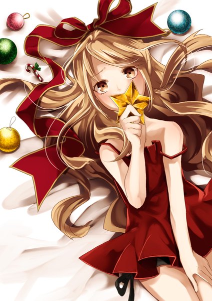 Anime picture 1200x1697 with original memai single long hair tall image blush blonde hair bare shoulders brown eyes lying from above christmas girl dress underwear panties bow hair bow food sweets