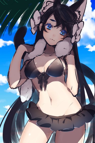 Anime picture 666x1000 with original ni02 (asahi nini) single long hair tall image looking at viewer blush fringe breasts blue eyes light erotic black hair standing animal ears cloud (clouds) tail head tilt animal tail cat ears cat girl