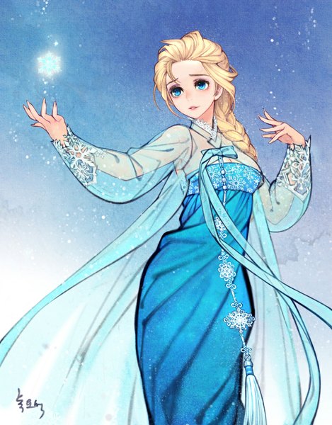 Anime picture 900x1151 with frozen (disney) disney elsa (frozen) obsidian single long hair tall image blue eyes simple background blonde hair standing braid (braids) single braid spread arms blue background snowflake print girl dress cape transparent clothing