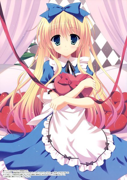 Anime picture 2467x3500 with alice in wonderland alice (wonderland) naruse mamoru single long hair tall image blush highres blonde hair smile sitting aqua eyes scan short sleeves puffy sleeves hug valentine checkered girl dress