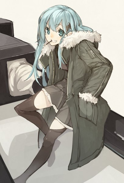 Anime picture 1019x1500 with kantai collection suzuya heavy cruiser senmu single long hair tall image looking at viewer sitting aqua hair alternate costume grin hand in pocket girl thighhighs skirt hair ornament weapon black thighhighs jacket sweets
