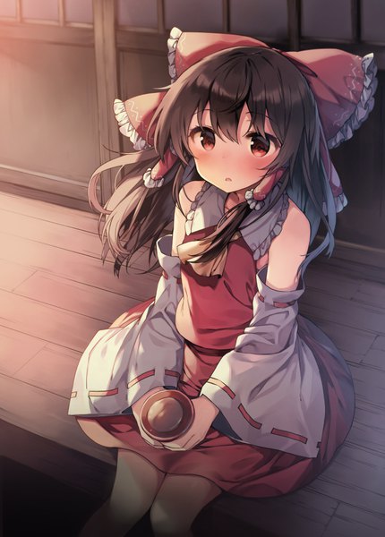 Anime picture 700x976 with touhou hakurei reimu shnva single long hair tall image looking at viewer blush fringe hair between eyes red eyes brown hair sitting bare shoulders holding parted lips from above wind wide sleeves bare legs