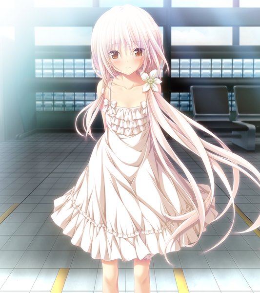 Anime picture 1280x1440 with chrono clock kuro (chrono clock) koku single long hair tall image looking at viewer blush red eyes game cg white hair hair flower girl dress hair ornament flower (flowers) sundress