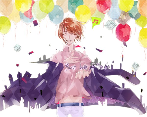 Anime picture 1318x1050 with vocaloid just be friends (vocaloid) ryoji single short hair open mouth brown hair eyes closed singing boy balloon cube